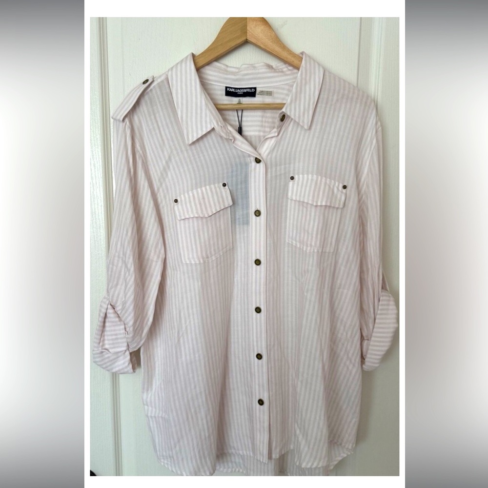 NWT KARL LAGERFELD PARIS Women's Epaulette Button Up Shirt White Peach Pinstripe